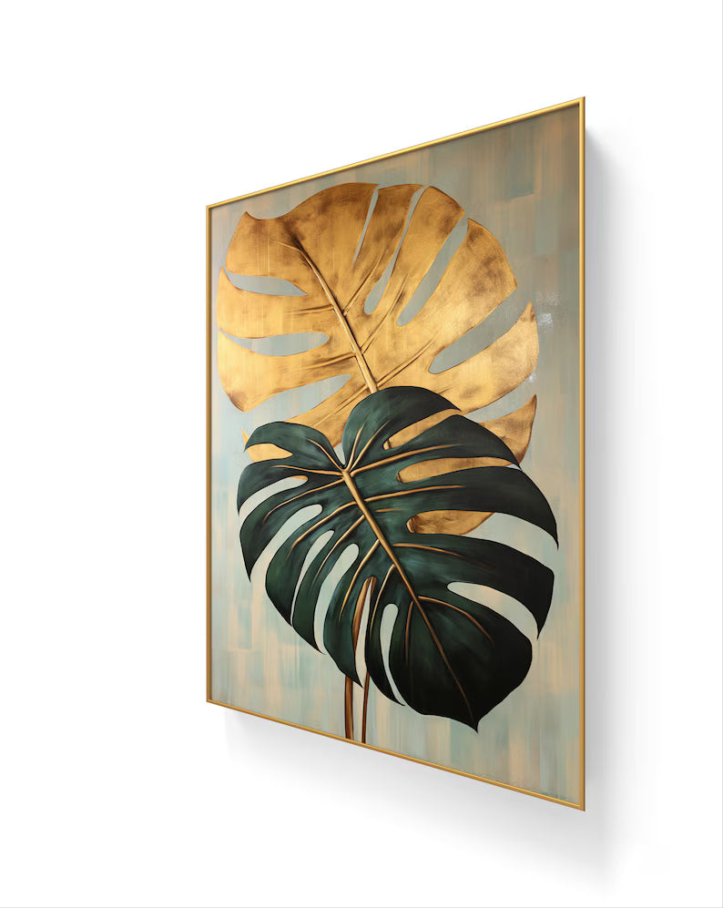 Green and Gold Monstera Leaf Print