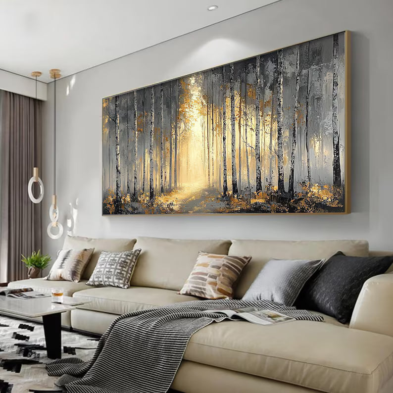 Textured Birch Tree Oil Painting, Autumn Forest Landscape Art