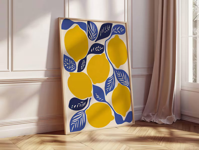 Lemon Wall Art Print, Modern Fruit Poster, Bold Colorful Kitchen Artwork, Contemporary Citrus Print, Mediterranean Dining Room Deco