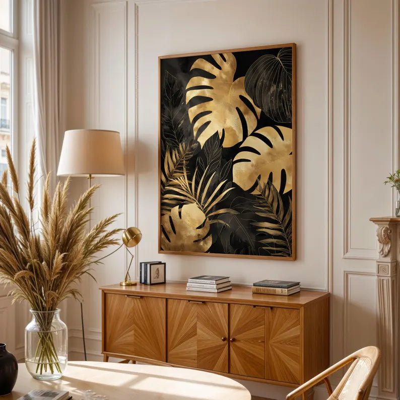 Gilded Monstera Midnight Wall Art β Black & Gold Tropical Botanical GiclΓ©e Print