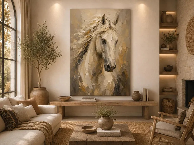 Horse Wall Art, White Horse Canvas Print, Horse Painting, Farmhouse Wall Decor,