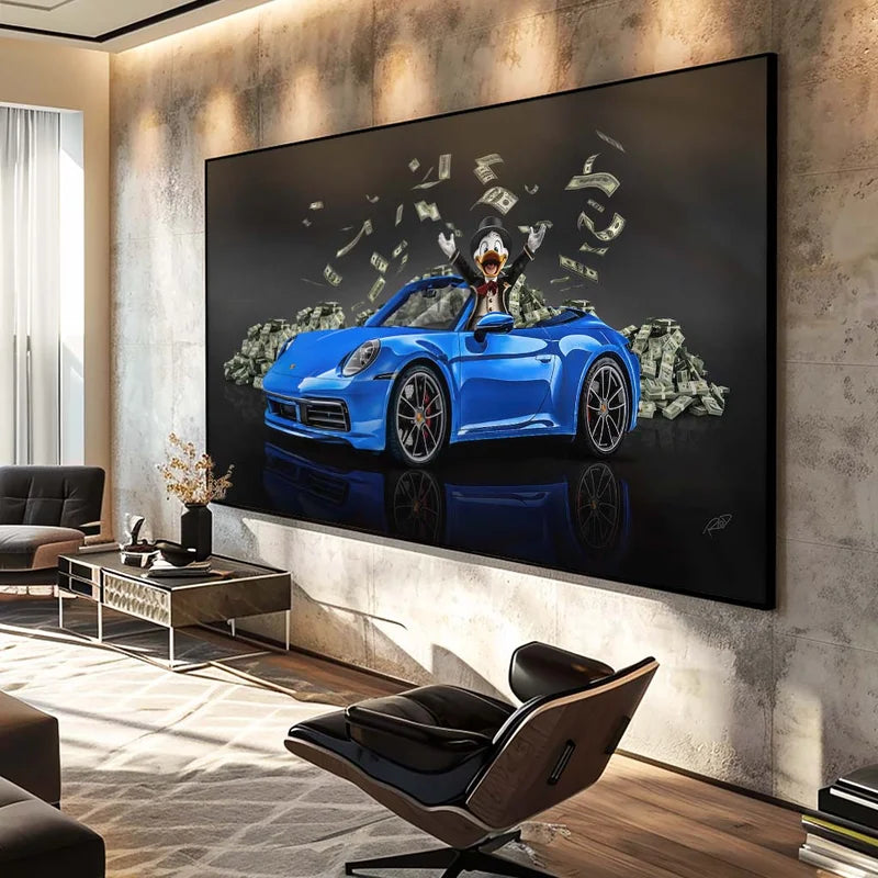 Decorative picture of Uncle Scrooge in a blue Porsche V1638