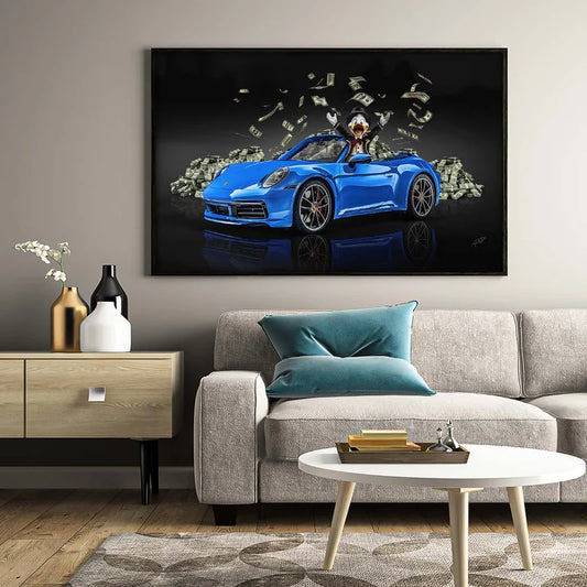 Decorative picture of Uncle Scrooge in a blue Porsche V1638
