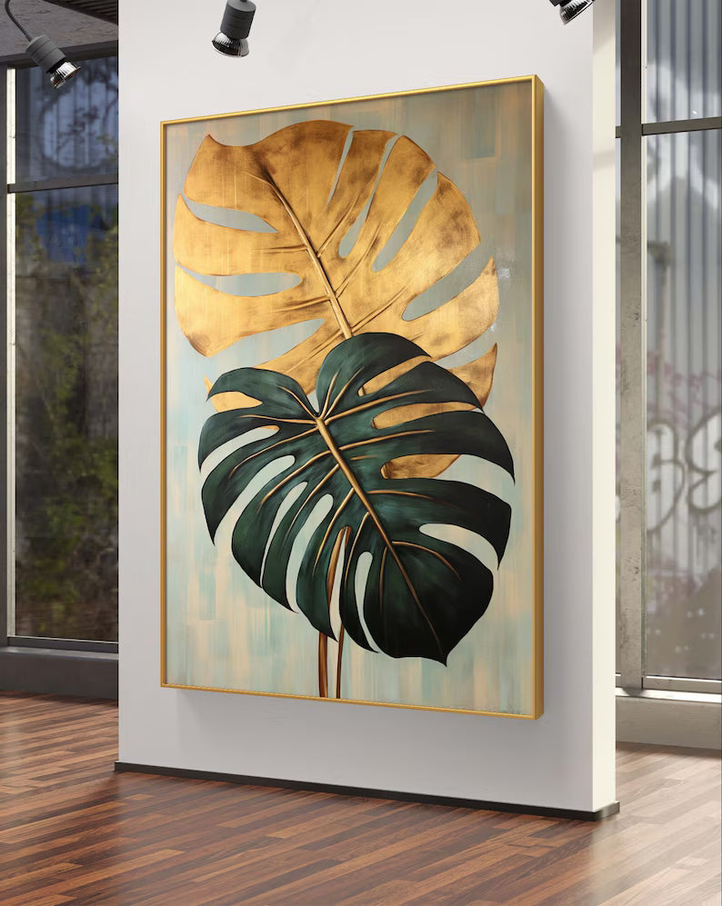 Green and Gold Monstera Leaf Print