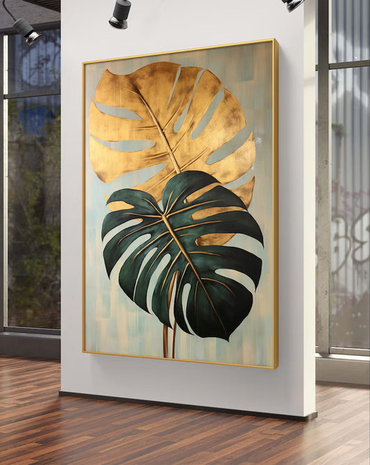 Green and Gold Monstera Leaf Print