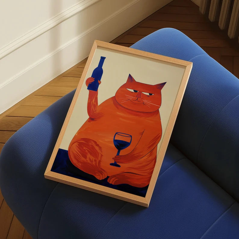 Cat with Wine Art Print: Retro Bar Cart Decor