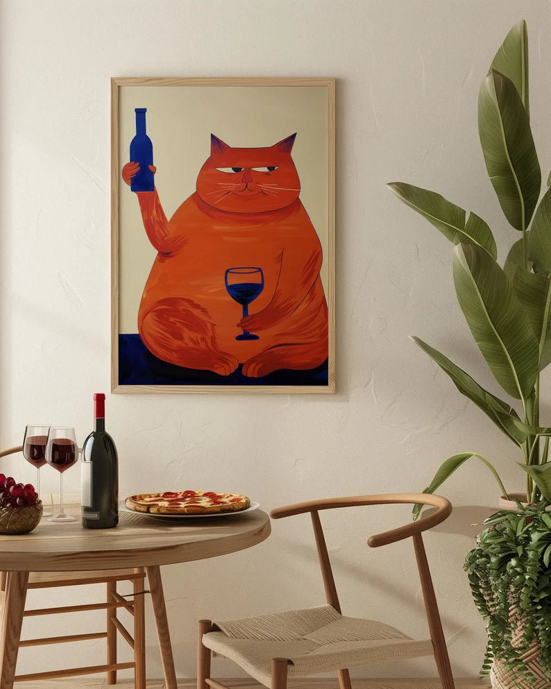 Cat with Wine Art Print: Retro Bar Cart Decor