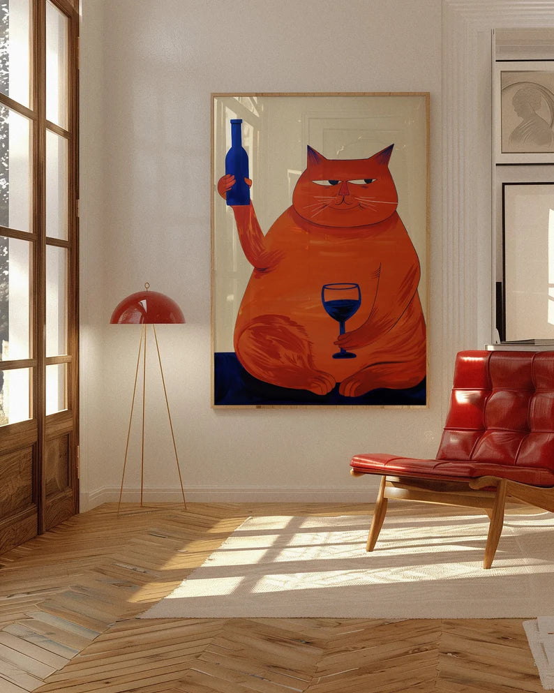 Cat with Wine Art Print: Retro Bar Cart Decor