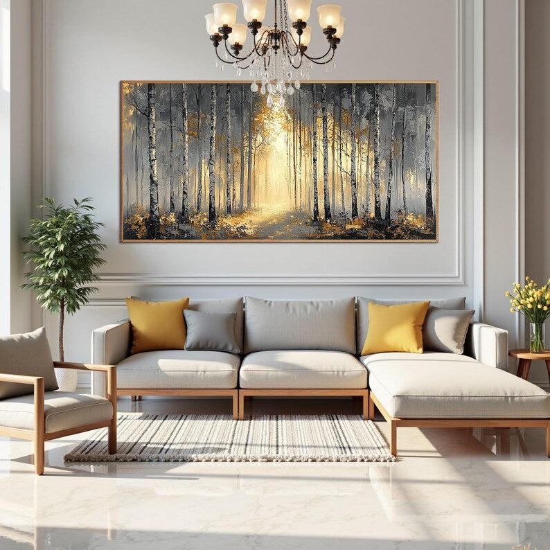 Textured Birch Tree Oil Painting, Autumn Forest Landscape Art