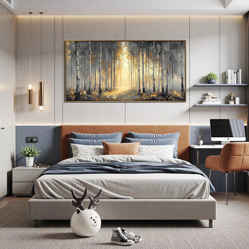 Textured Birch Tree Oil Painting, Autumn Forest Landscape Art