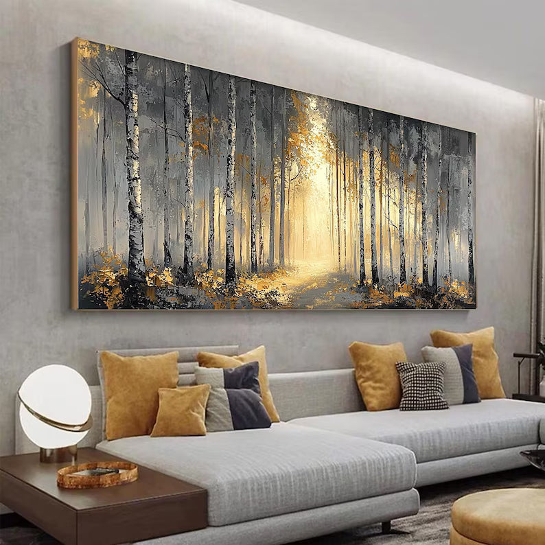 Textured Birch Tree Oil Painting, Autumn Forest Landscape Art
