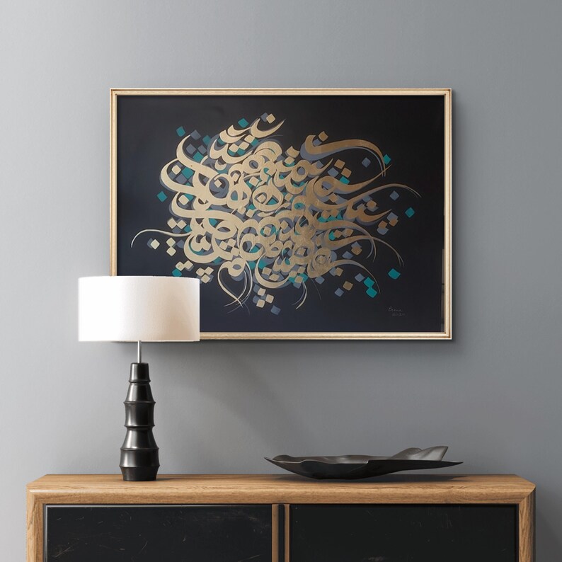 Handmade Abstract Calligraphy Painting: Black and Gold Leaf, Modern Art