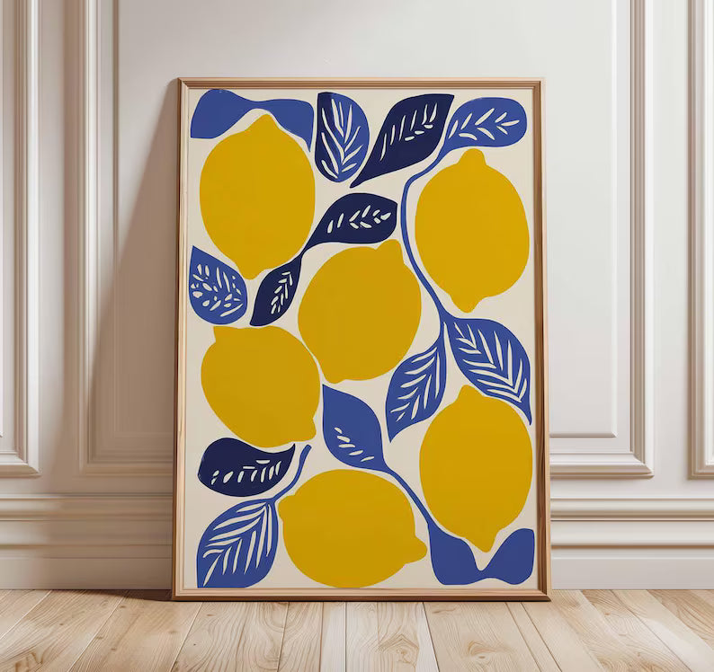 Lemon Wall Art Print, Modern Fruit Poster, Bold Colorful Kitchen Artwork, Contemporary Citrus Print, Mediterranean Dining Room Deco