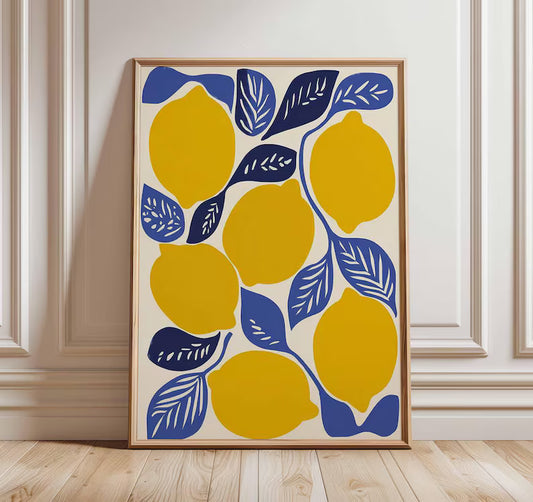 Lemon Wall Art Print, Modern Fruit Poster, Bold Colorful Kitchen Artwork, Contemporary Citrus Print, Mediterranean Dining Room Deco