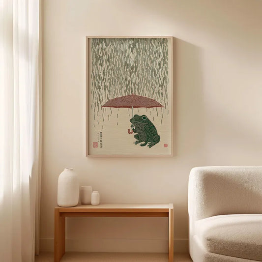 Japanese Frog with Umbrella Poster, Woodblock Art Print