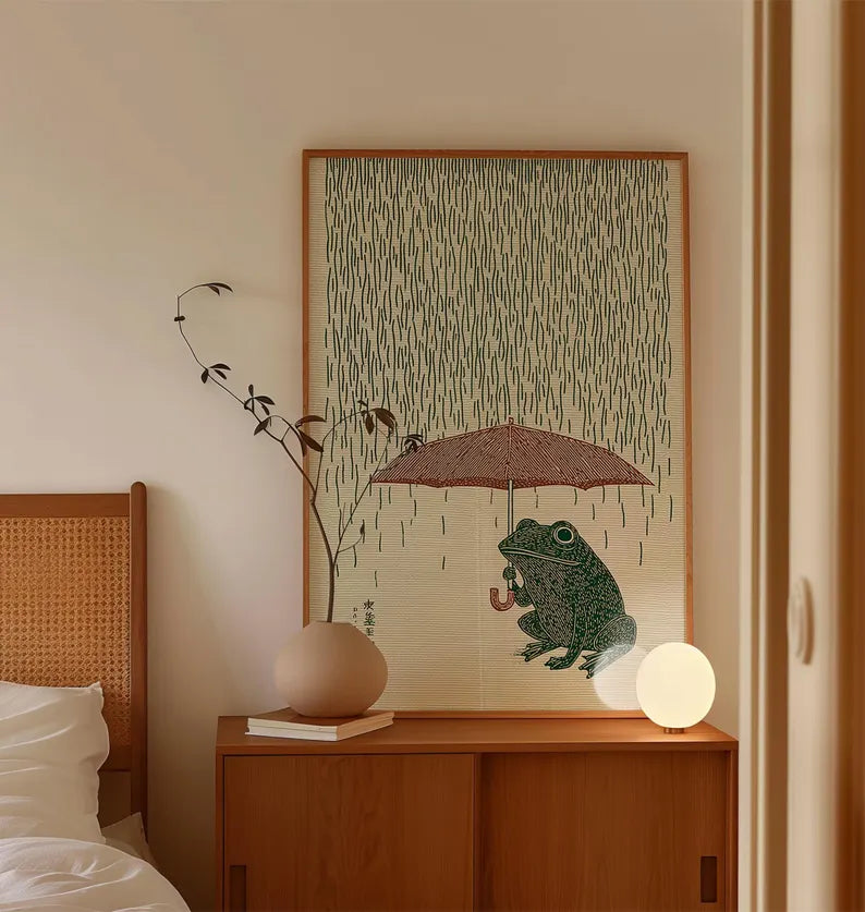 Japanese Frog with Umbrella Poster, Woodblock Art Print