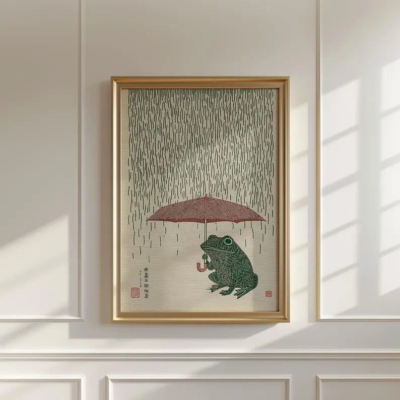 Japanese Frog with Umbrella Poster, Woodblock Art Print