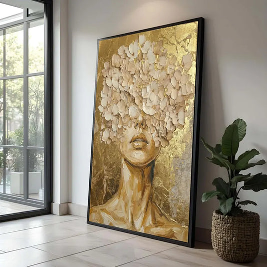 Golden Floral Woman Portrait Canvas, Abstract Gold Leaf Wall Art