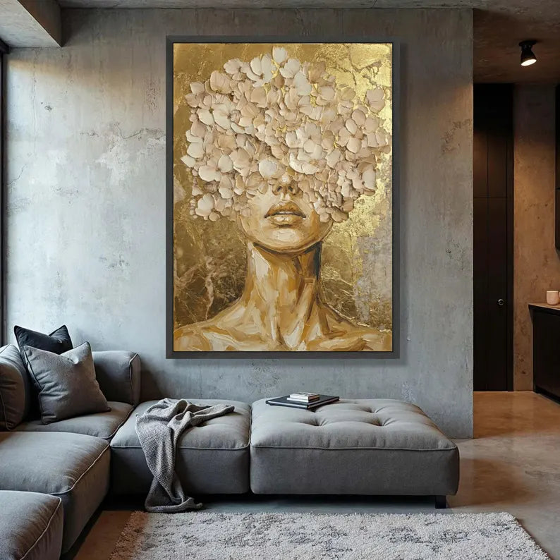 Golden Floral Woman Portrait Canvas, Abstract Gold Leaf Wall Art
