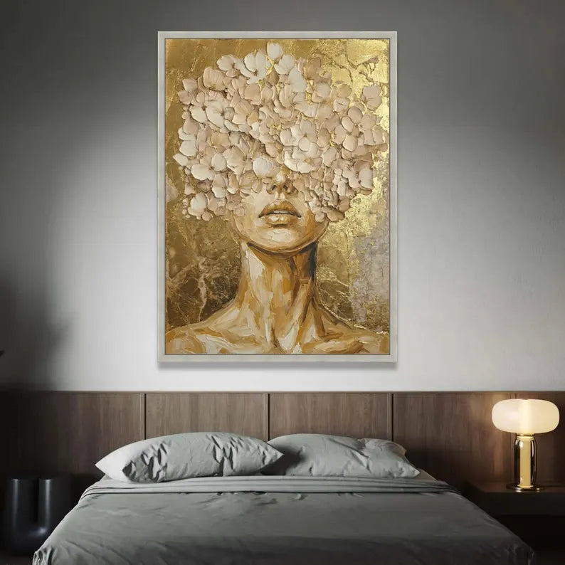 Golden Floral Woman Portrait Canvas, Abstract Gold Leaf Wall Art