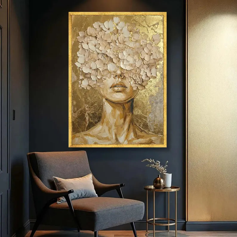 Golden Floral Woman Portrait Canvas, Abstract Gold Leaf Wall Art