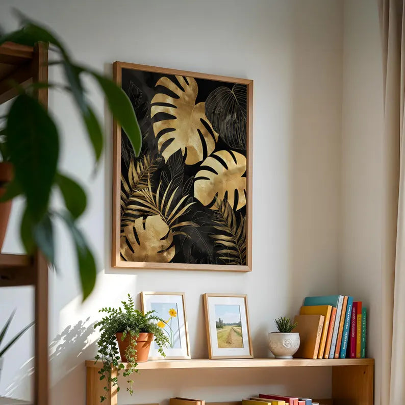 Gilded Monstera Midnight Wall Art — Black & Gold Tropical Botanical Giclée Print