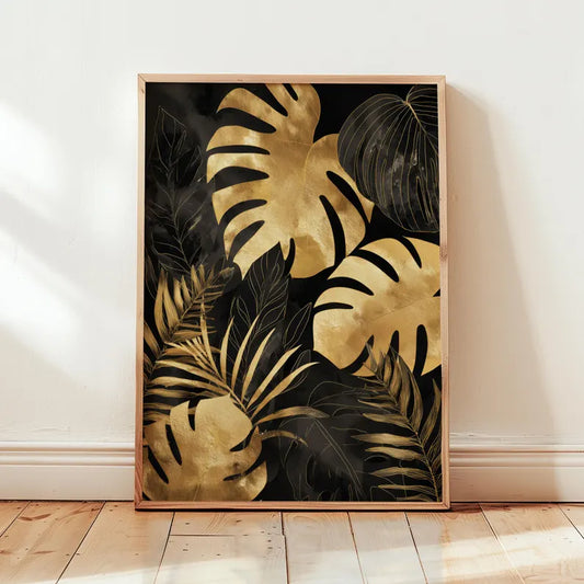 Gilded Monstera Midnight Wall Art — Black & Gold Tropical Botanical Giclée Print