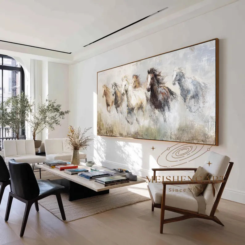 Wild Horses Running Impasto Poster, Large Equestrian Canvas Wall Art