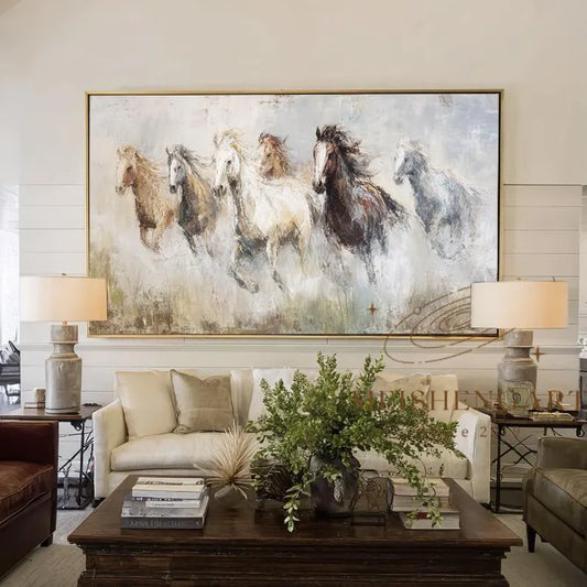 Wild Horses Running Impasto Poster, Large Equestrian Canvas Wall Art