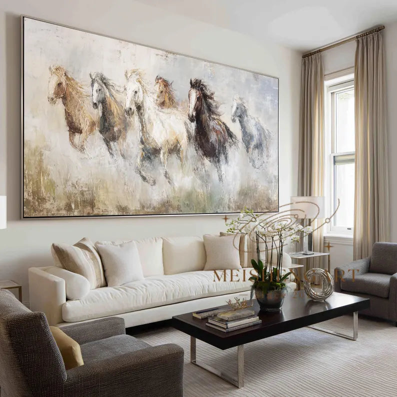 Wild Horses Running Impasto Poster, Large Equestrian Canvas Wall Art