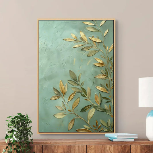 Gold Leaf Botanical Canvas – Elegant Green Wall Art for Home or Gift Decor