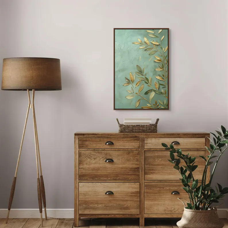 Gold Leaf Botanical Canvas – Elegant Green Wall Art for Home or Gift Decor