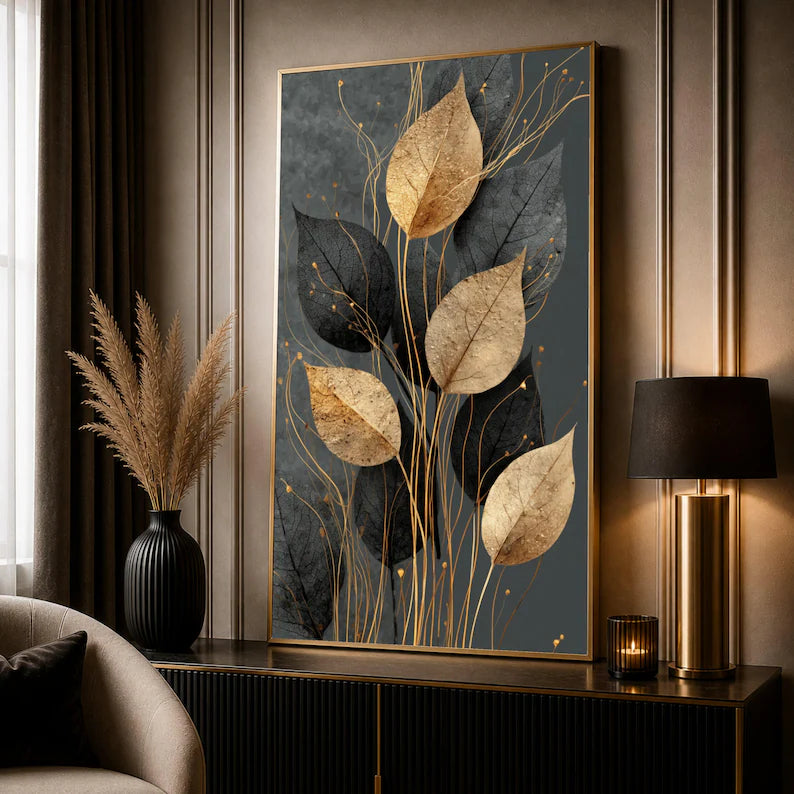 Elegant Gold and White Leaf Canvas Print – Modern Botanical Wall Decor – Luxury Nature Wall Art Ready to Hang – Minimalist Wall Decoration