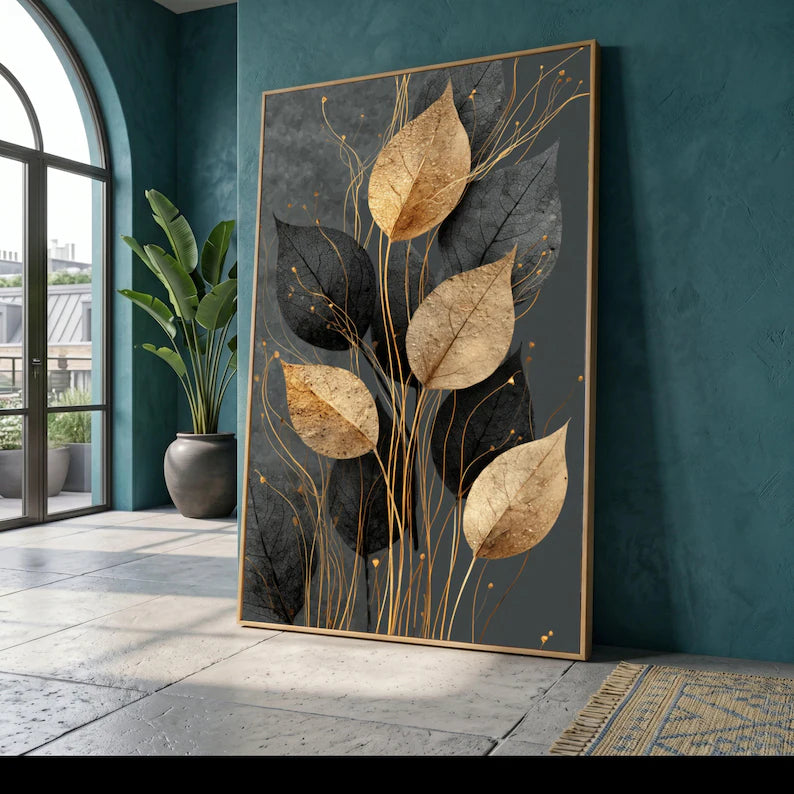 Elegant Gold and White Leaf Canvas Print – Modern Botanical Wall Decor – Luxury Nature Wall Art Ready to Hang – Minimalist Wall Decoration
