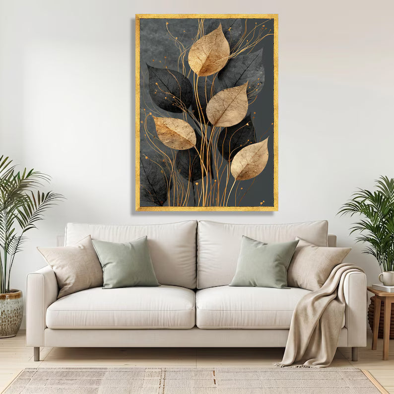 Elegant Gold and White Leaf Canvas Print – Modern Botanical Wall Decor – Luxury Nature Wall Art Ready to Hang – Minimalist Wall Decoration