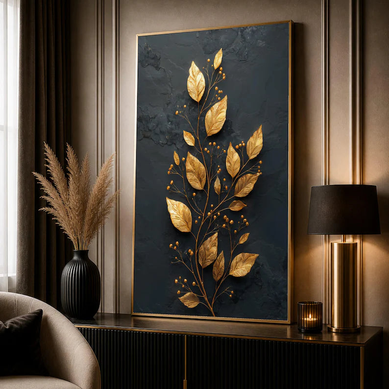 Elegant Gold Leaf Branch Canvas Wall Art.
