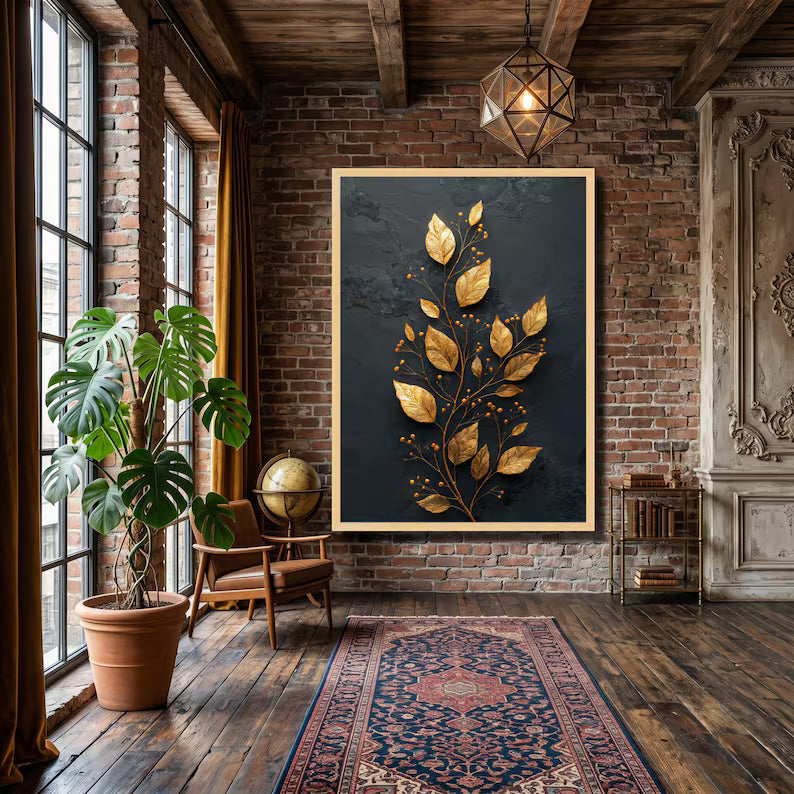 Elegant Gold Leaf Branch Canvas Wall Art.