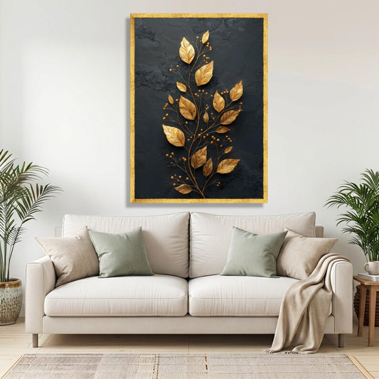Elegant Gold Leaf Branch Canvas Wall Art.