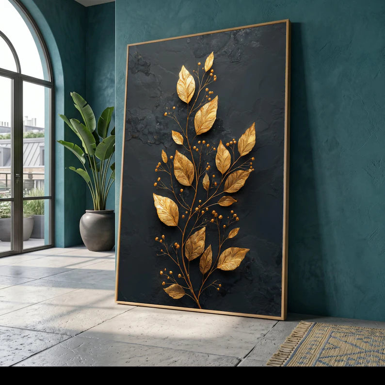 Elegant Gold Leaf Branch Canvas Wall Art.