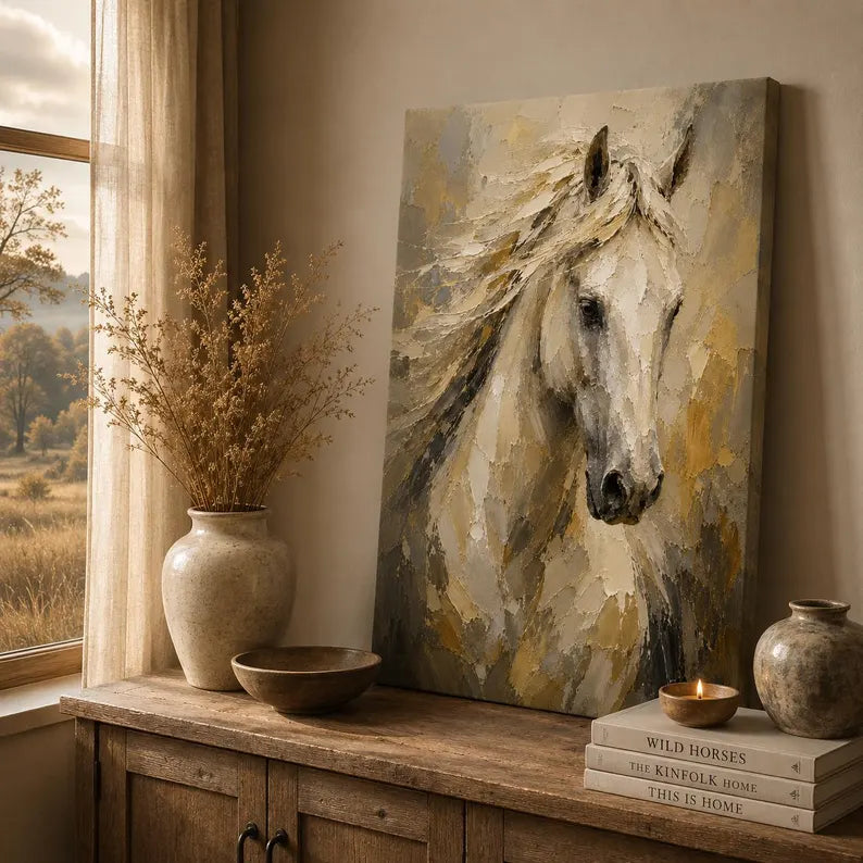 Horse Wall Art, White Horse Canvas Print, Horse Painting, Farmhouse Wall Decor,