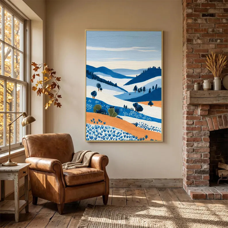 Blue Orange Valley Original Abstract Landscape, Textured Large Wall Art