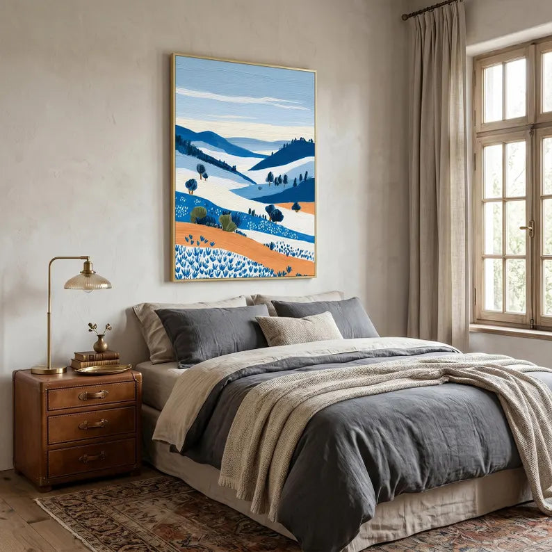 Blue Orange Valley Original Abstract Landscape, Textured Large Wall Art