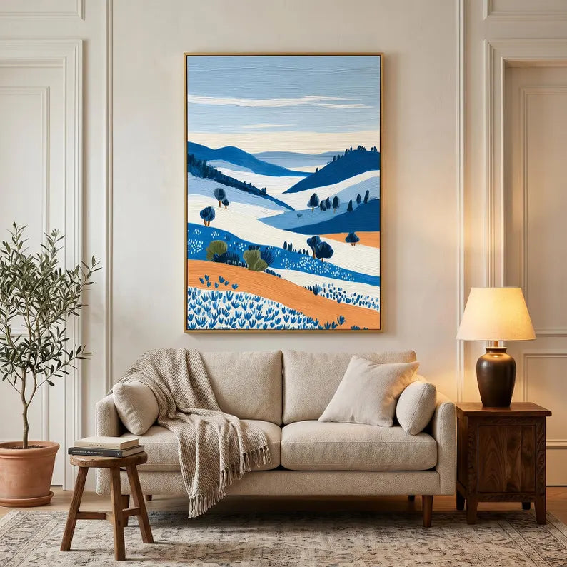 Blue Orange Valley Original Abstract Landscape, Textured Large Wall Art