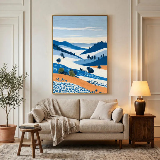 Blue Orange Valley Original Abstract Landscape, Textured Large Wall Art